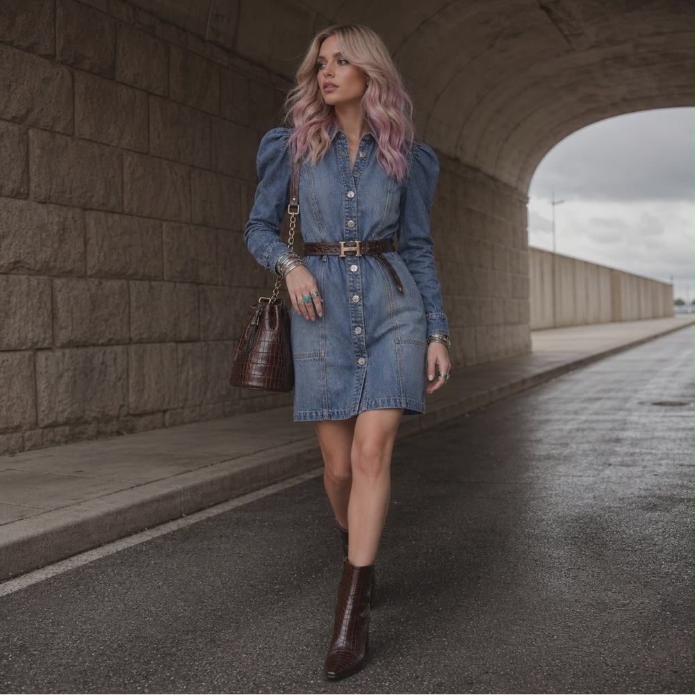 NWOT size 8.  INC International Concepts Blue Denim Long Sleeve Dress - Picture 2 of 13